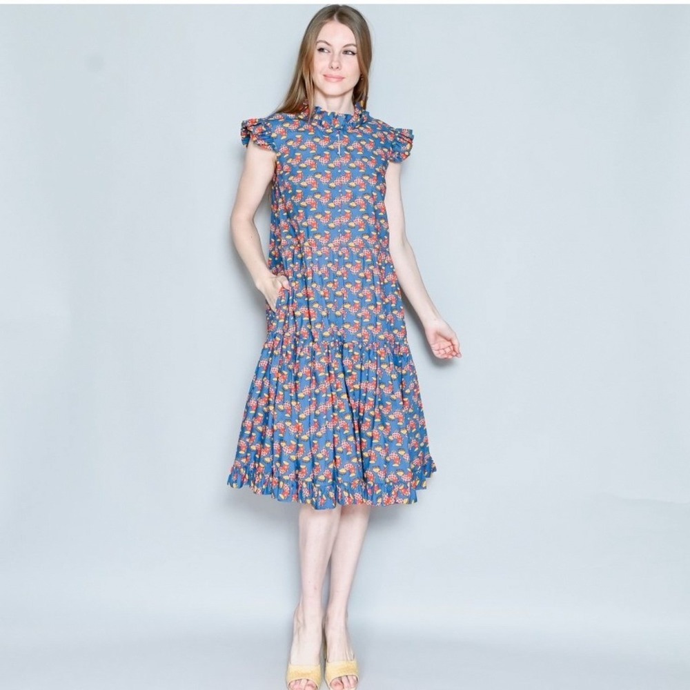 LA DoubleJ Rooster Print Ruffle Dress Womens Large Blue Red Excellent Tiered